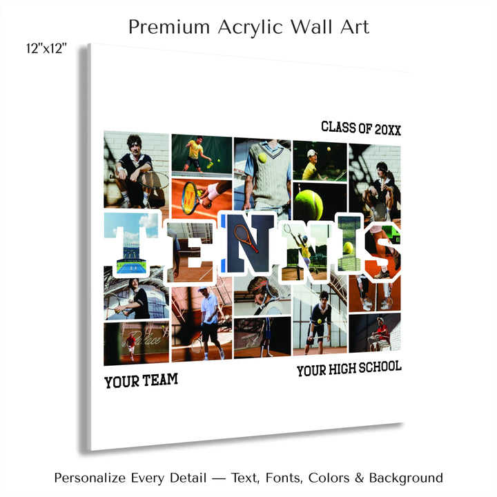 Custom photo tennis wall art with collage photos above and below TENNIS, personalized sports wall decor-12x12 acrylic print with french cleat-ARTFULANE