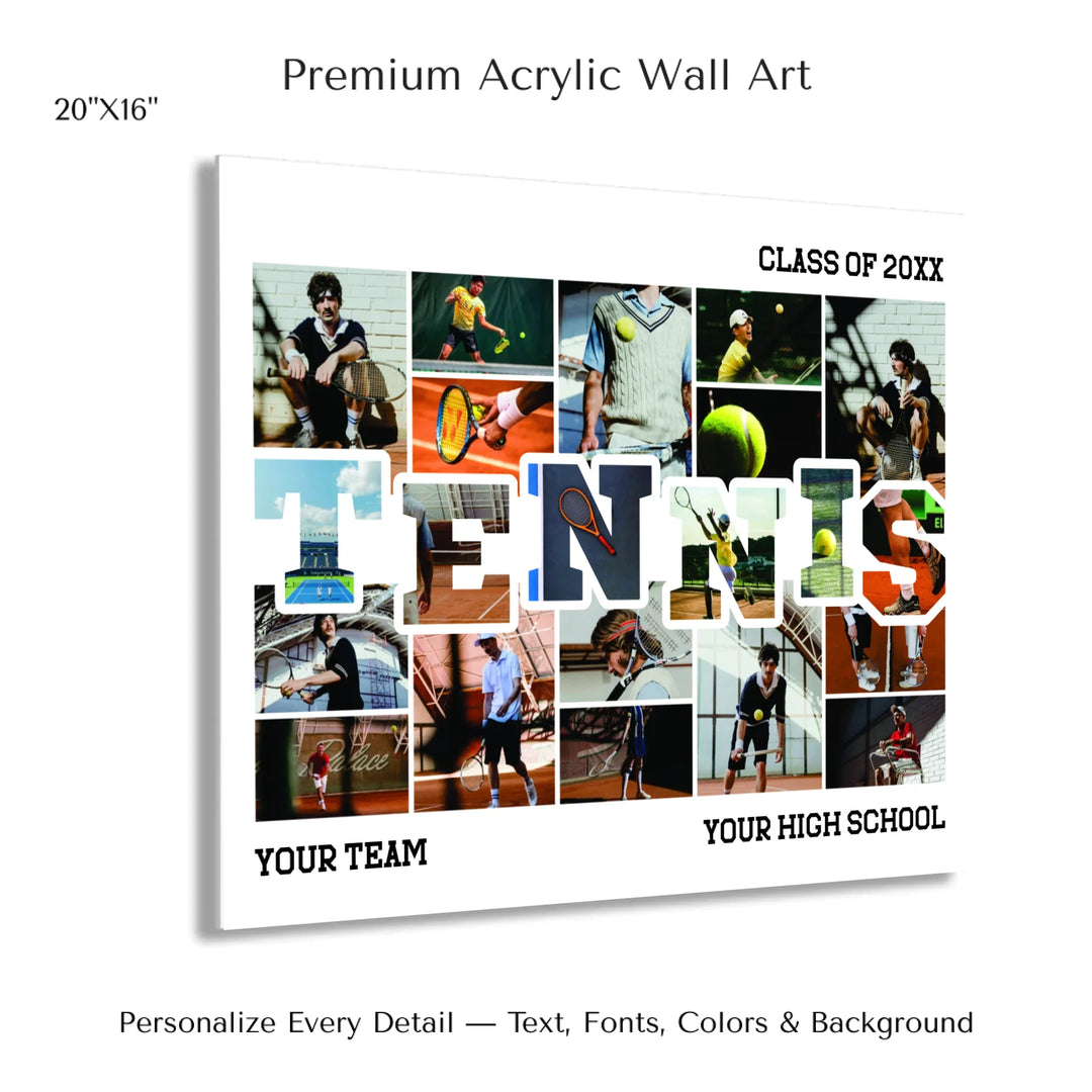 Custom photo tennis wall art with collage photos above and below TENNIS, personalized sports wall decor-20x16 acrylic print with french cleat-ARTFULANE