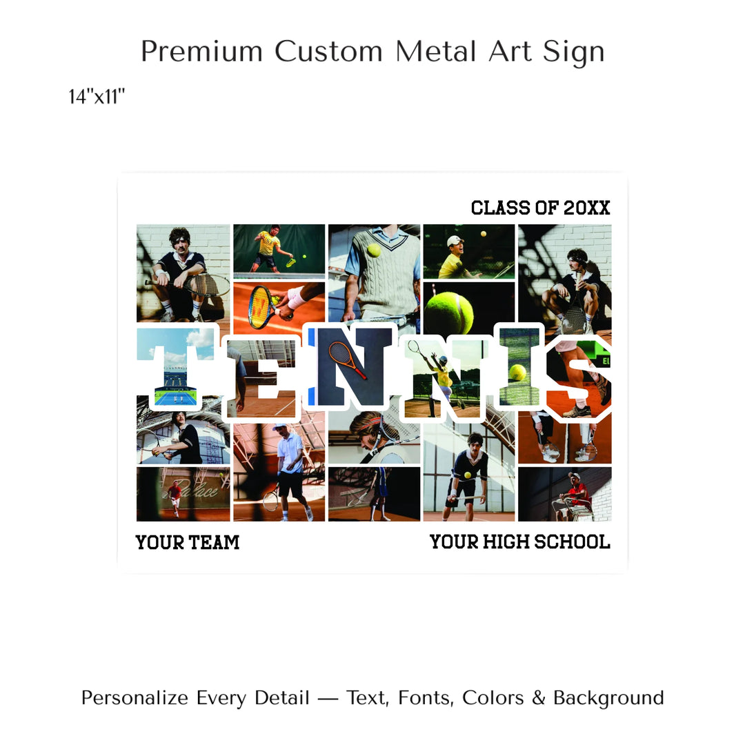 Custom photo tennis wall art with collage photos above and below TENNIS, personalized sports wall decor-14x11 metal art sign-ARTFULANE
