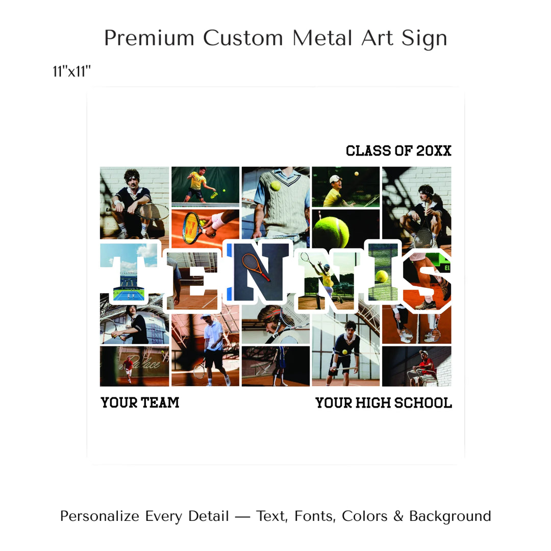 Custom photo tennis wall art with collage photos above and below TENNIS, personalized sports wall decor-11x11 metal art sign-ARTFULANE