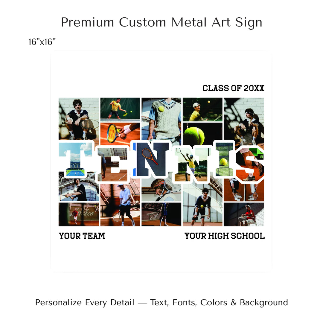 Custom photo tennis wall art with collage photos above and below TENNIS, personalized sports wall decor-16x16 metal art sign-ARTFULANE