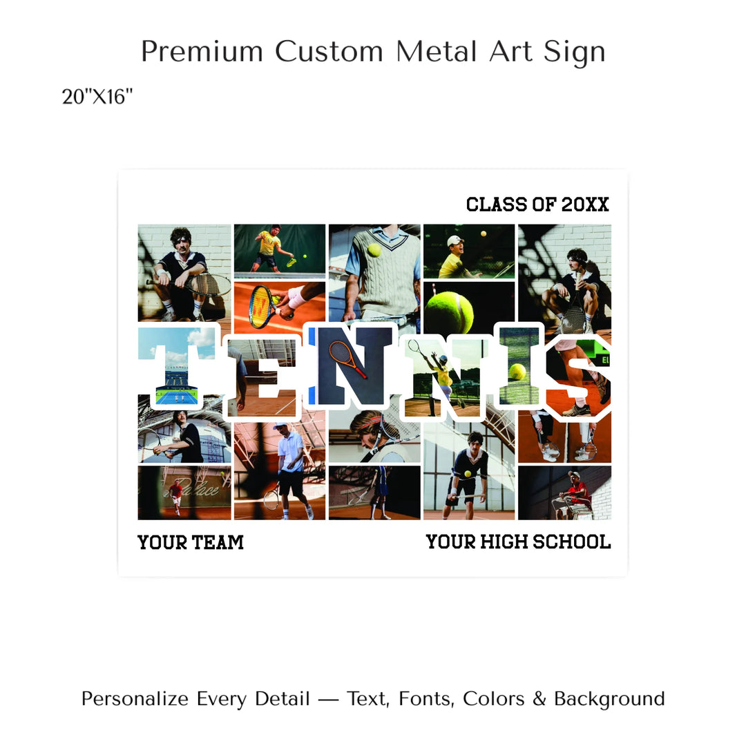Custom photo tennis wall art with collage photos above and below TENNIS, personalized sports wall decor-20x16 metal art sign-ARTFULANE