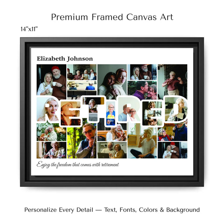 Custom photo retired wall art with collage photos above and below RETIRED, personalized retirement wall decor-14x11 framed canvas-ARTFULANE