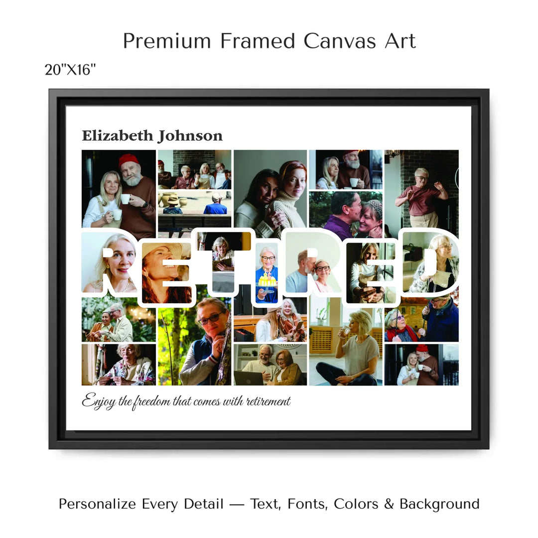 Custom photo retired wall art with collage photos above and below RETIRED, personalized retirement wall decor-20x16 framed canvas-ARTFULANE