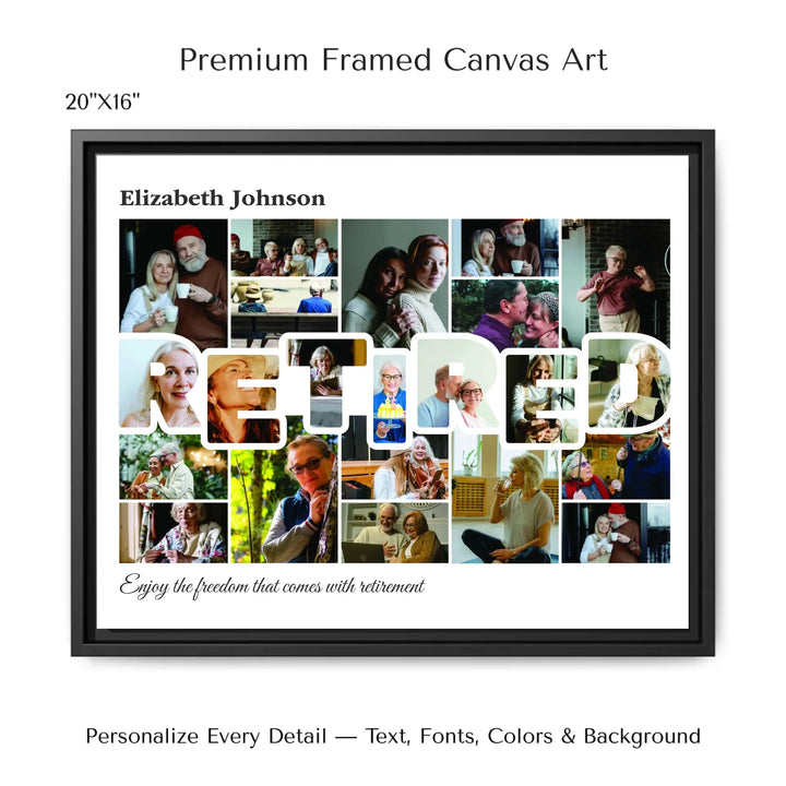 Custom photo retired wall art with collage photos above and below RETIRED, personalized retirement wall decor-20x16 framed canvas-ARTFULANE