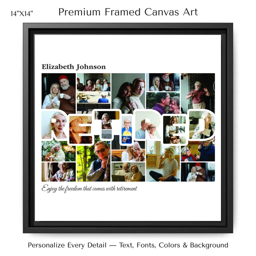 Custom photo retired wall art with collage photos above and below RETIRED, personalized retirement wall decor-14x14 framed canvas-ARTFULANE