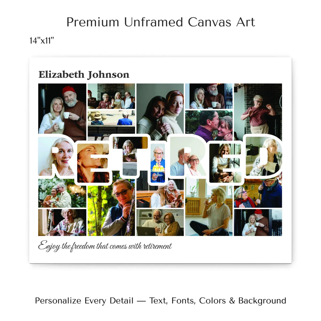 Custom photo retired wall art with collage photos above and below RETIRED, personalized retirement wall decor-14x11 stretched canvas-ARTFULANE