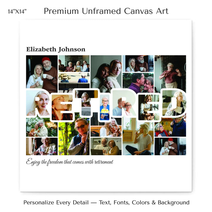 Custom photo retired wall art with collage photos above and below RETIRED, personalized retirement wall decor-14x14 stretched canvas-ARTFULANE