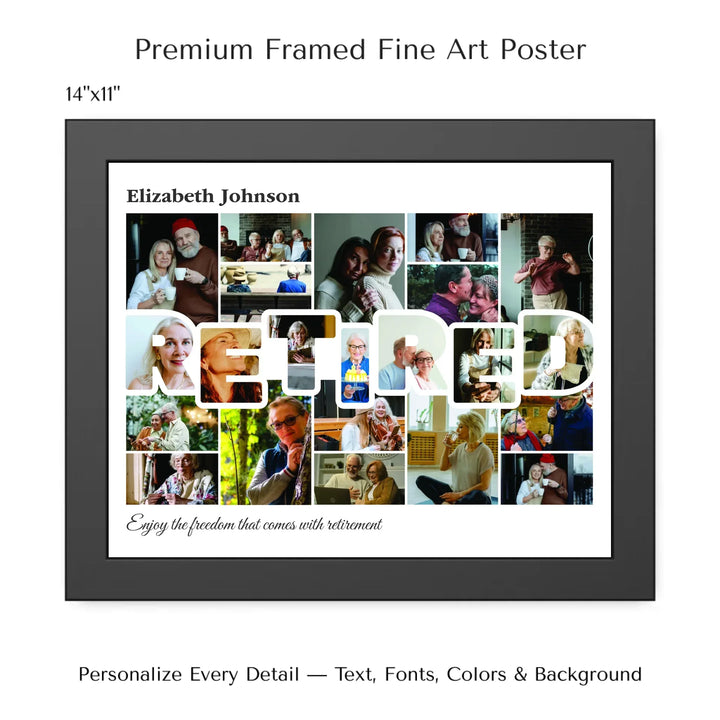 Custom photo retired wall art with collage photos above and below RETIRED, personalized retirement wall decor-14x11 framed poster-ARTFULANE