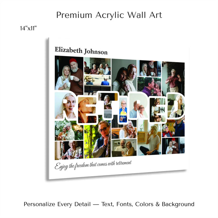 Custom photo retired wall art with collage photos above and below RETIRED, personalized retirement wall decor-14x11 acrylic print with french cleat-ARTFULANE
