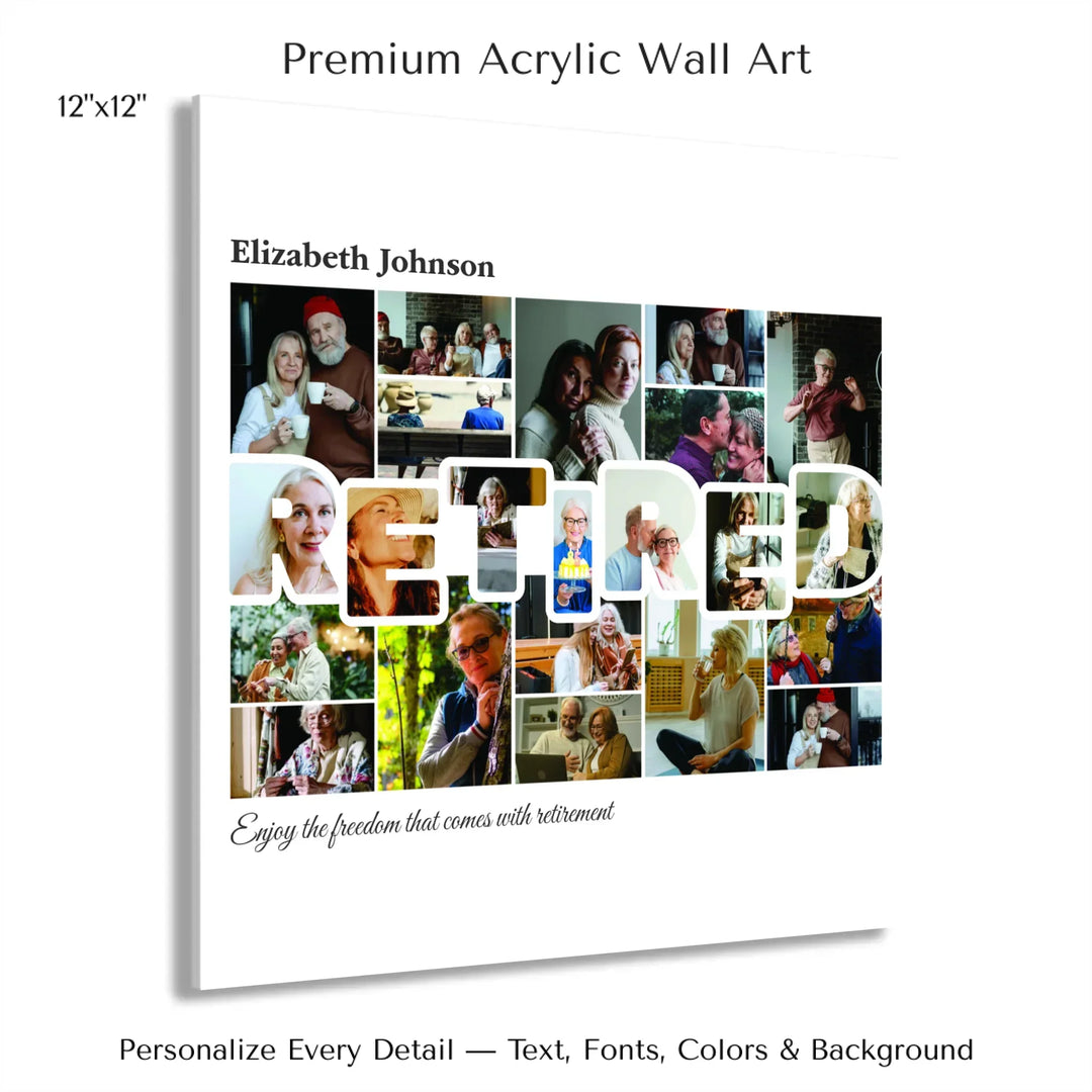 Custom photo retired wall art with collage photos above and below RETIRED, personalized retirement wall decor-12x12 acrylic print with french cleat-ARTFULANE