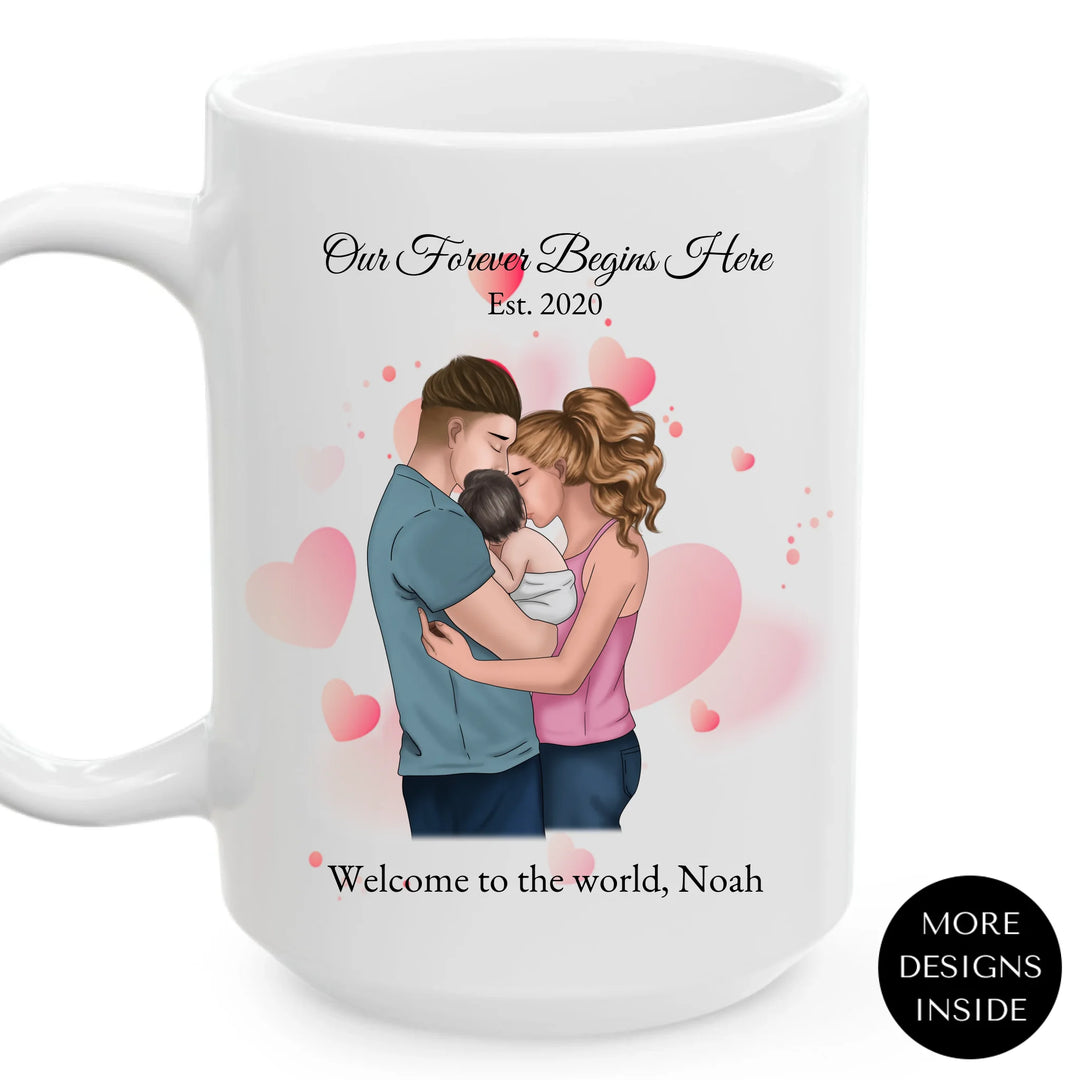 Custom family mug with illustrated parents and baby portrait - ARTFULANE