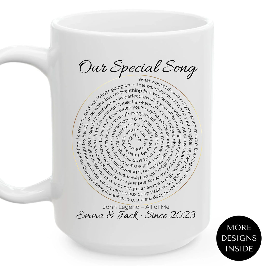 Custom mug with spiral song lyrics and personalized text — unique gift for music lovers, weddings, or special occasions - ARTFULANE