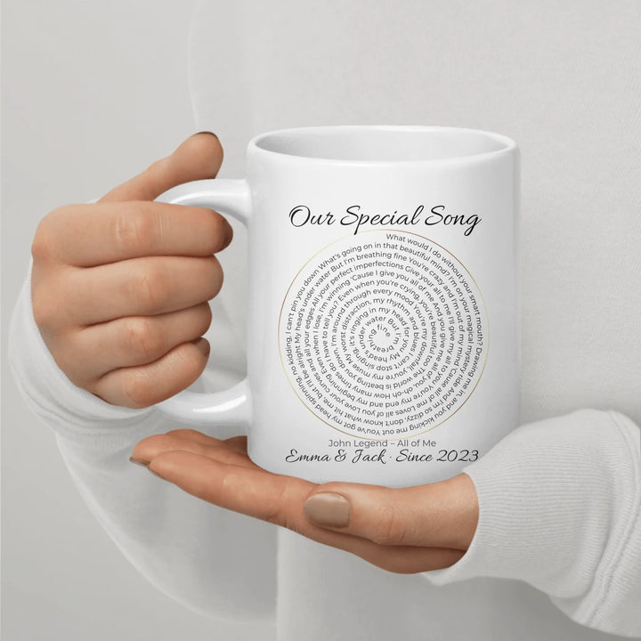 Custom mug with spiral song lyrics and personalized text — unique gift for music lovers, weddings, or special occasions -ARTFULANE