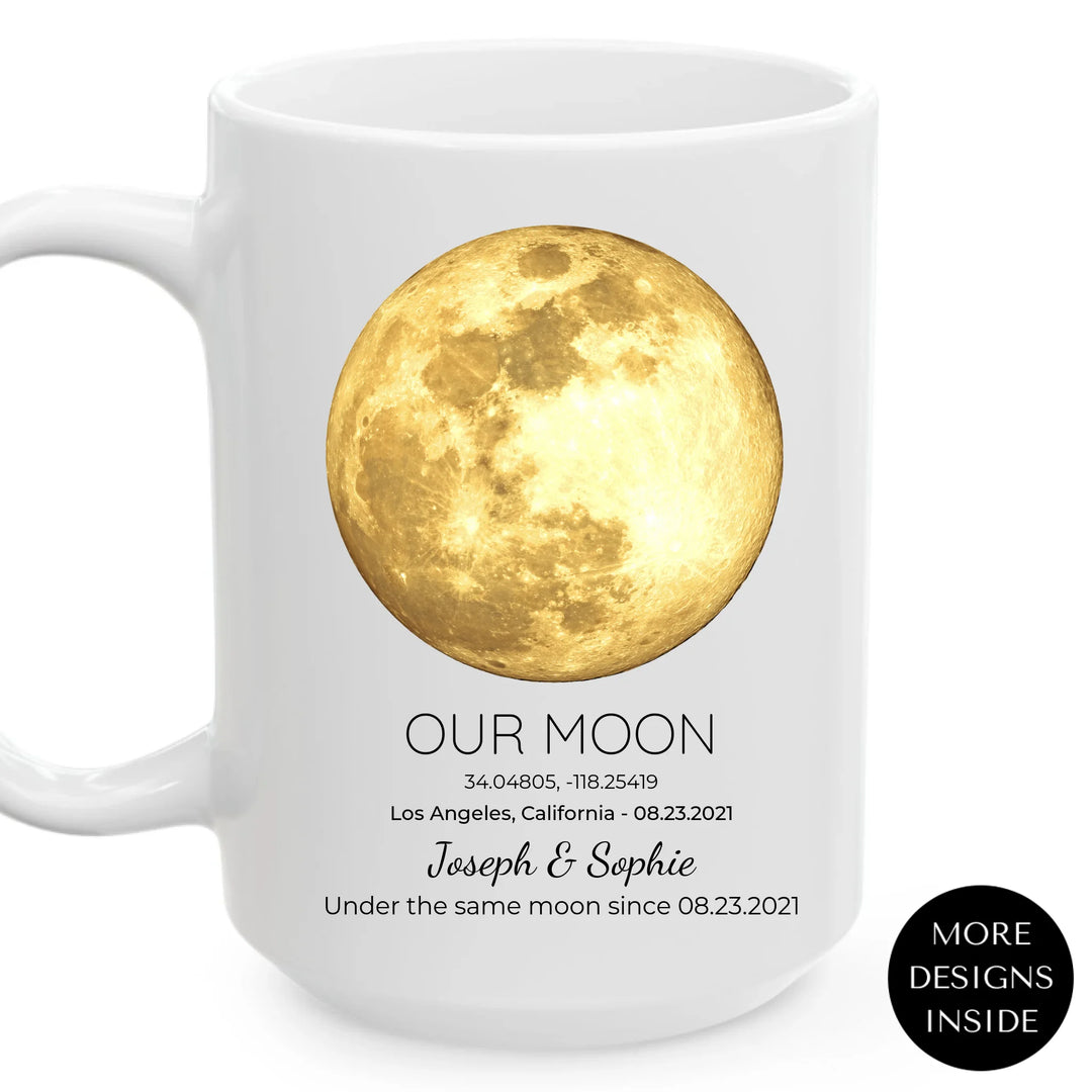Personalized moon phase mug with custom date, coordinates, and names, perfect gift for couples, friends, and special milestones - ARTFULANE