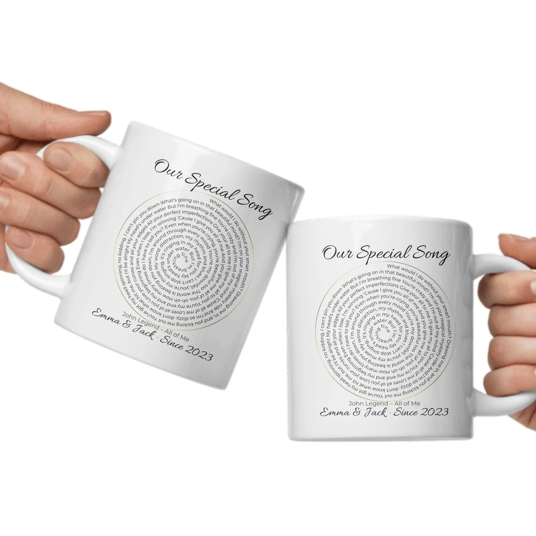 Custom mug with spiral song lyrics and personalized text — unique gift for music lovers, weddings, or special occasions -ARTFULANE