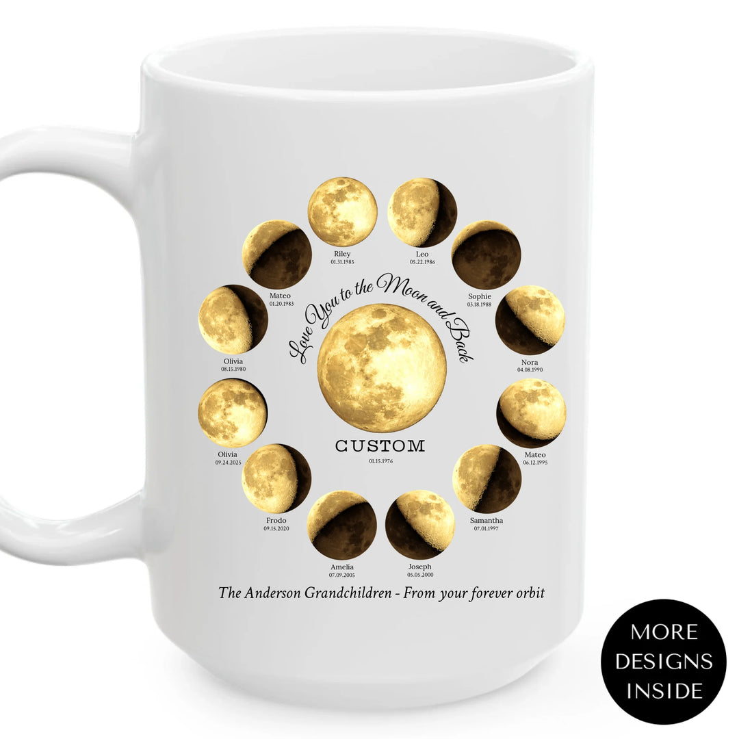 Custom moon phase mug with 1–12 names and dates in a circle design, personalized gift with central moon and message - ARTFULANE