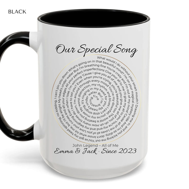 Custom mug with spiral song lyrics and personalized text — unique gift for music lovers, weddings, or special occasions -accent coffee mug with black handle-ARTFULANE
