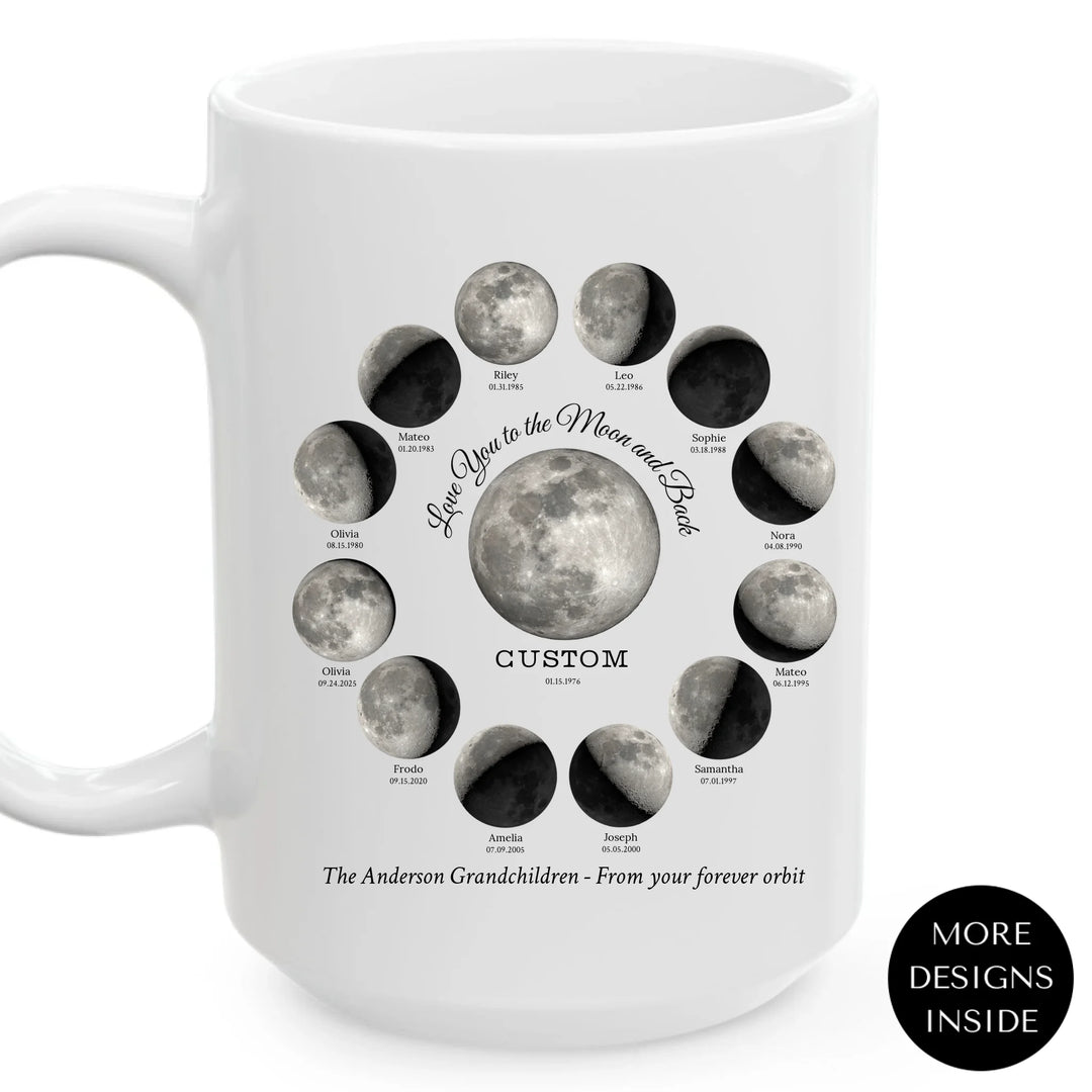 Custom moon phase mug with 1–12 names and dates in a circle design, personalized gift with central moon and message - ARTFULANE