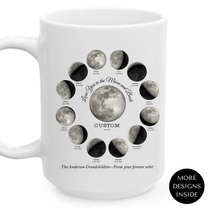 Custom moon phase mug with 1–12 names and dates in a circle design, personalized gift with central moon and message - ARTFULANE