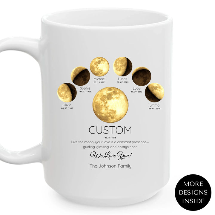 Personalized moon phase mug with 1–6 custom names and dates – sentimental family gift -ARTFULANE