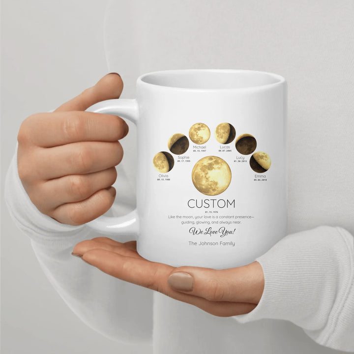Personalized moon phase mug with 1–6 custom names and dates – sentimental family gift -ARTFULANE
