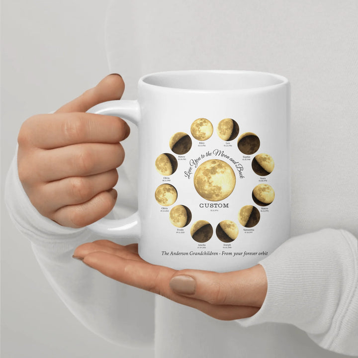 Custom moon phase mug with 1–12 names and dates in a circle design, personalized gift with central moon and message -ARTFULANE