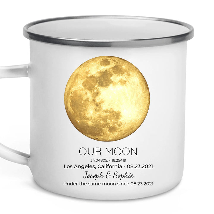Personalized moon phase mug with custom date, coordinates, and names, perfect gift for couples, friends, and special milestones -enamel camping mug-ARTFULANE