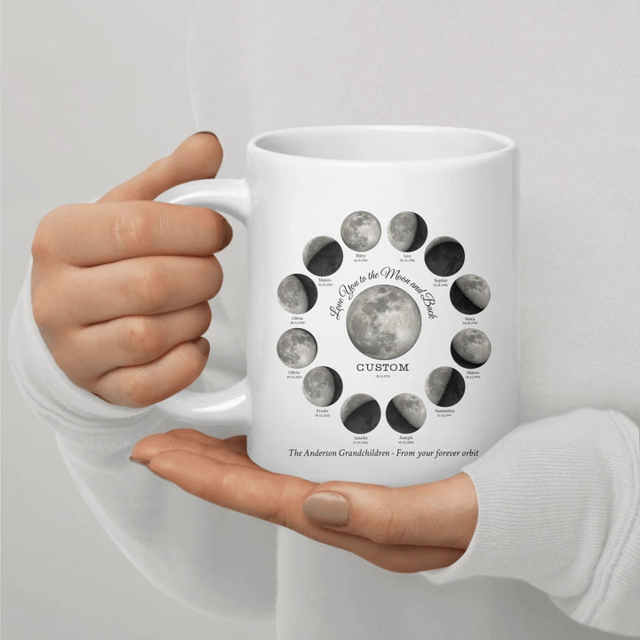 Custom moon phase mug with 1–12 names and dates in a circle design, personalized gift with central moon and message -ARTFULANE