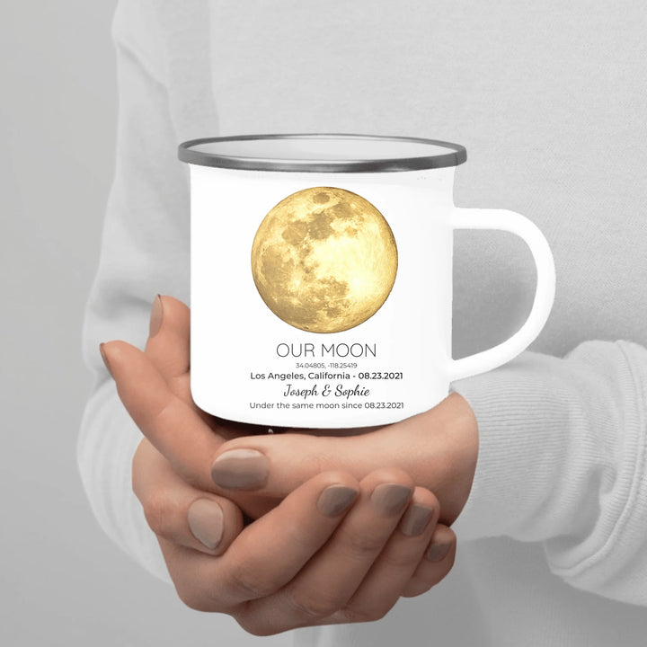 Personalized moon phase mug with custom date, coordinates, and names, perfect gift for couples, friends, and special milestones -enamel camping mug in hand-ARTFULANE