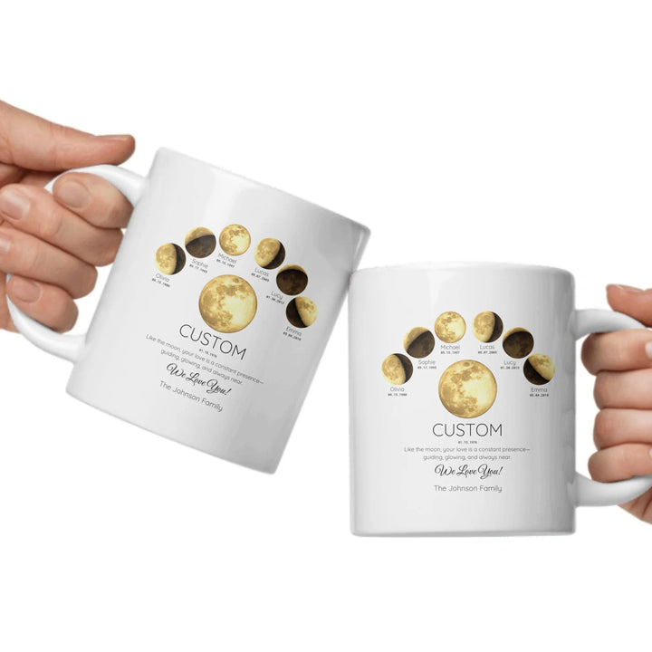 Personalized moon phase mug with 1–6 custom names and dates – sentimental family gift -ARTFULANE