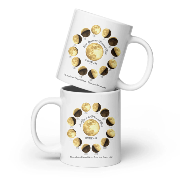Custom moon phase mug with 1–12 names and dates in a circle design, personalized gift with central moon and message -ARTFULANE