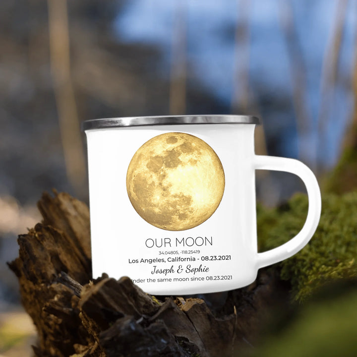 Personalized moon phase mug with custom date, coordinates, and names, perfect gift for couples, friends, and special milestones -enamel camping mug outdoors-ARTFULANE