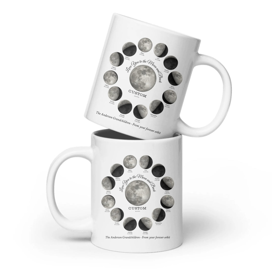 Custom moon phase mug with 1–12 names and dates in a circle design, personalized gift with central moon and message -ARTFULANE
