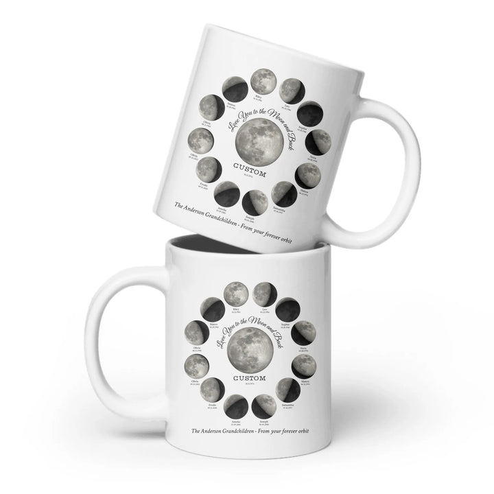 Custom moon phase mug with 1–12 names and dates in a circle design, personalized gift with central moon and message -ARTFULANE