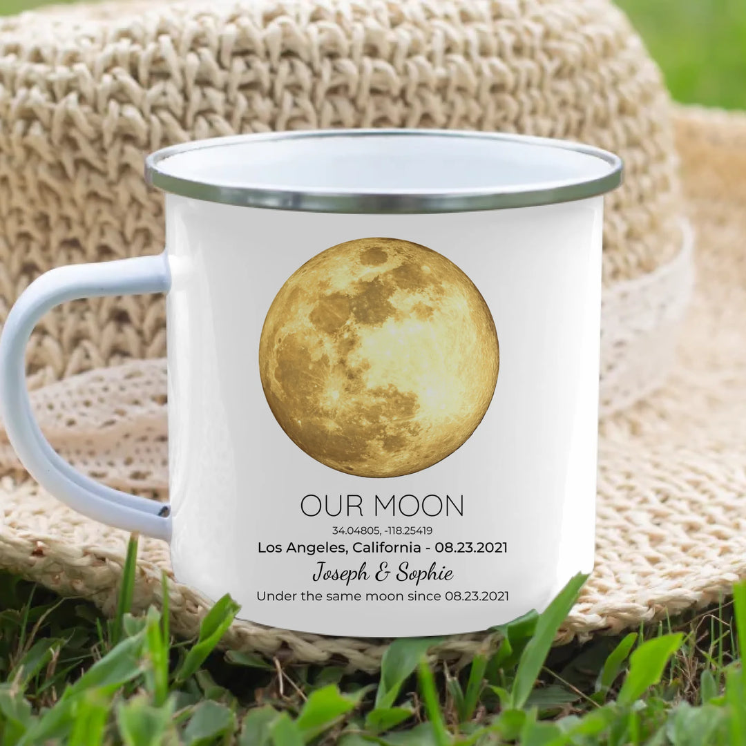 Personalized moon phase mug with custom date, coordinates, and names, perfect gift for couples, friends, and special milestones -enamel camping mug lifestyle-ARTFULANE
