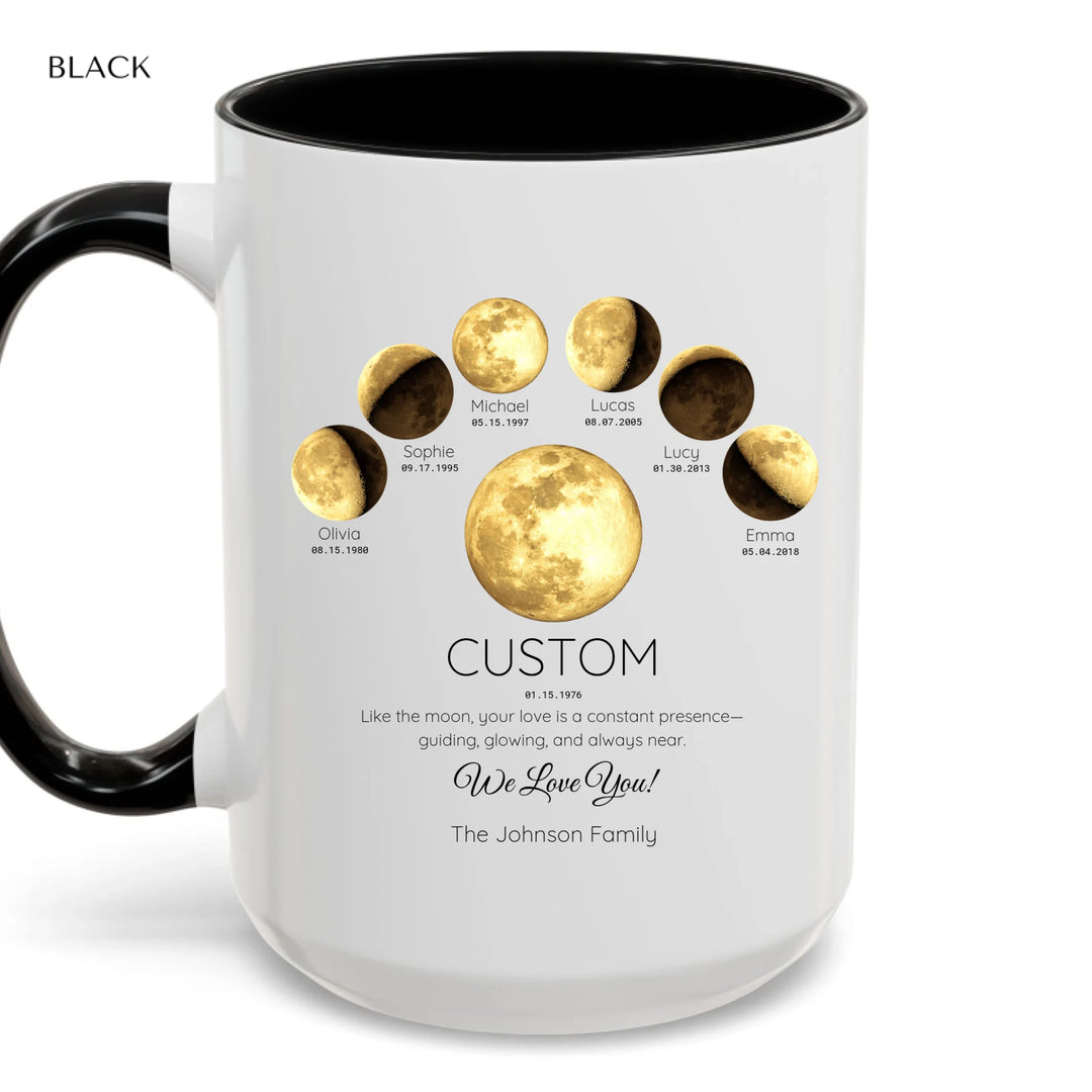 Personalized moon phase mug with 1–6 custom names and dates – sentimental family gift -accent coffee mug with black handle-ARTFULANE