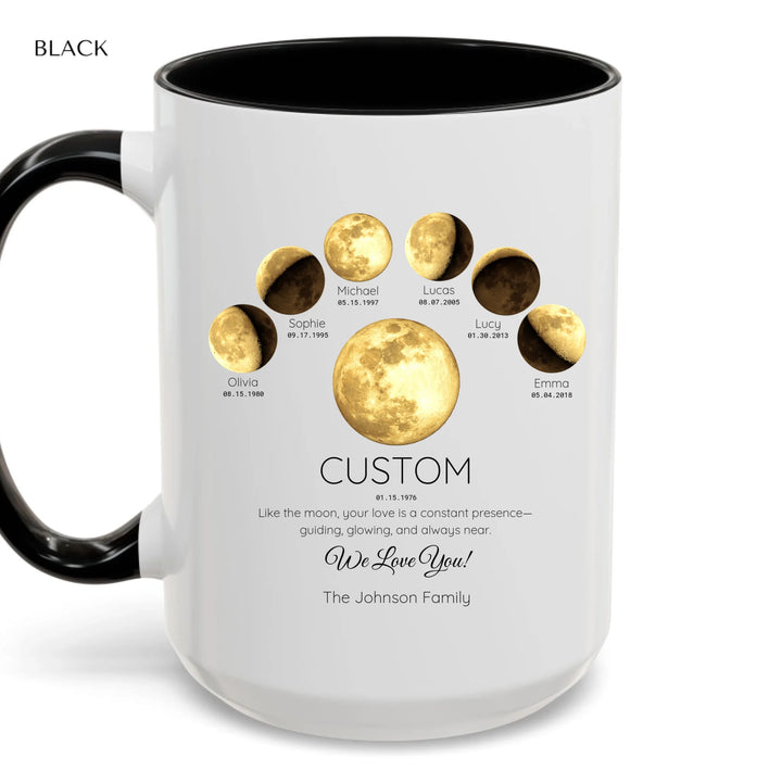 Personalized moon phase mug with 1–6 custom names and dates – sentimental family gift -accent coffee mug with black handle-ARTFULANE