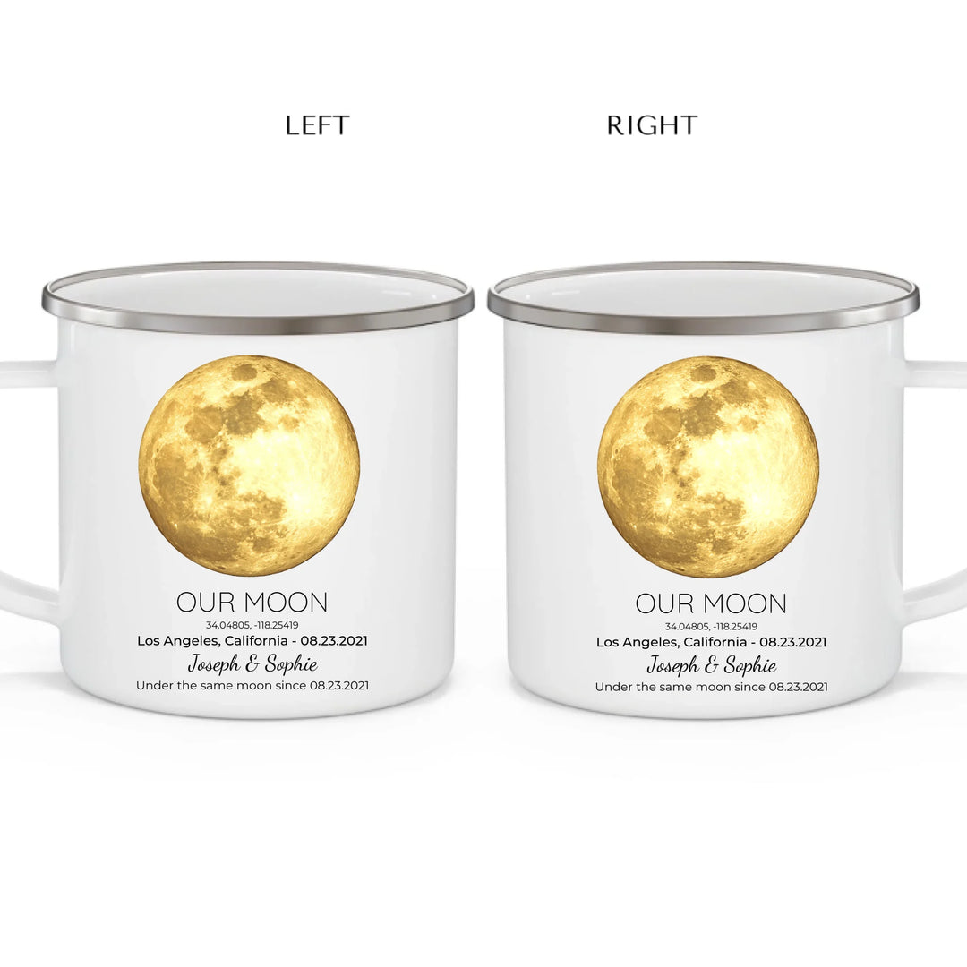 Personalized moon phase mug with custom date, coordinates, and names, perfect gift for couples, friends, and special milestones -enamel camping mug 2 views-ARTFULANE