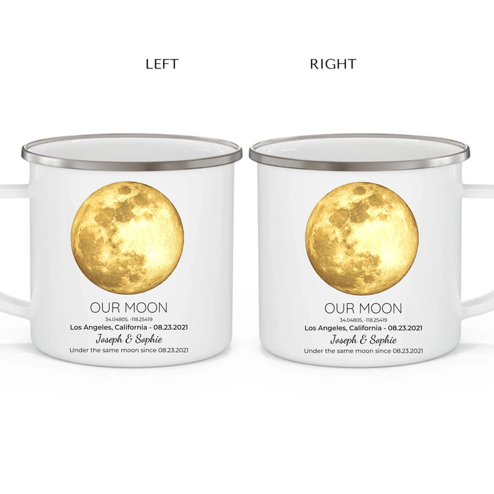 Personalized moon phase mug with custom date, coordinates, and names, perfect gift for couples, friends, and special milestones -enamel camping mug 2 views-ARTFULANE