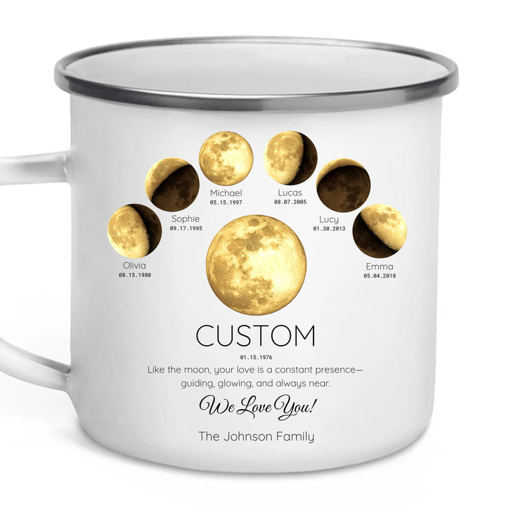 Personalized moon phase mug with 1–6 custom names and dates – sentimental family gift -ARTFULANE