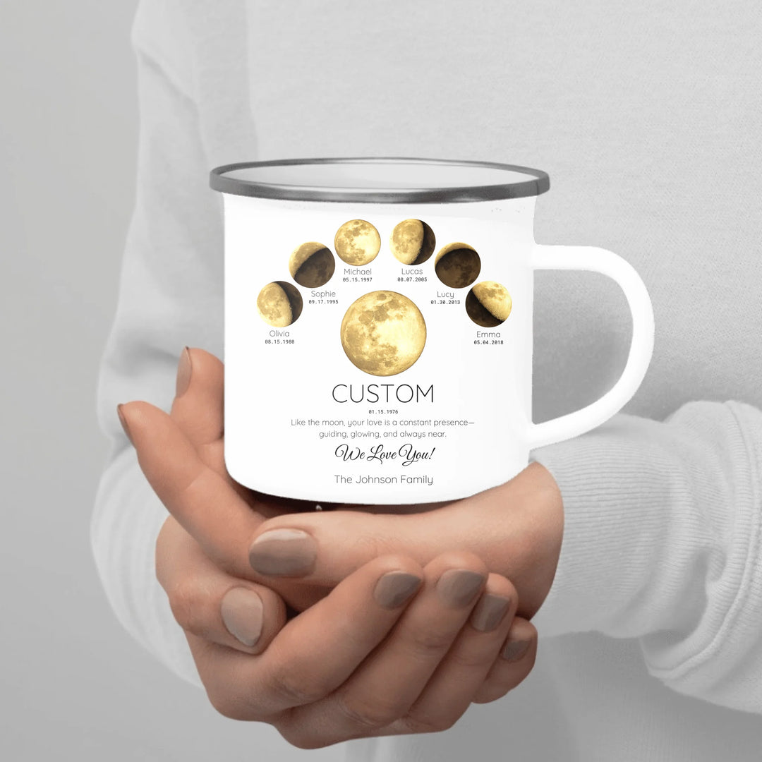 Personalized moon phase mug with 1–6 custom names and dates – sentimental family gift -enamel camping mug in hand-ARTFULANE