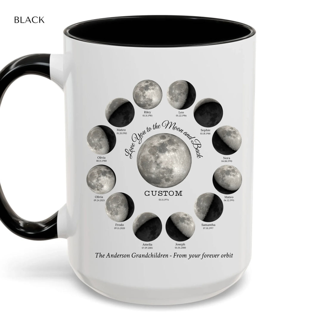 Custom moon phase mug with 1–12 names and dates in a circle design, personalized gift with central moon and message -ARTFULANE