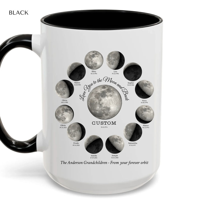 Custom moon phase mug with 1–12 names and dates in a circle design, personalized gift with central moon and message -ARTFULANE