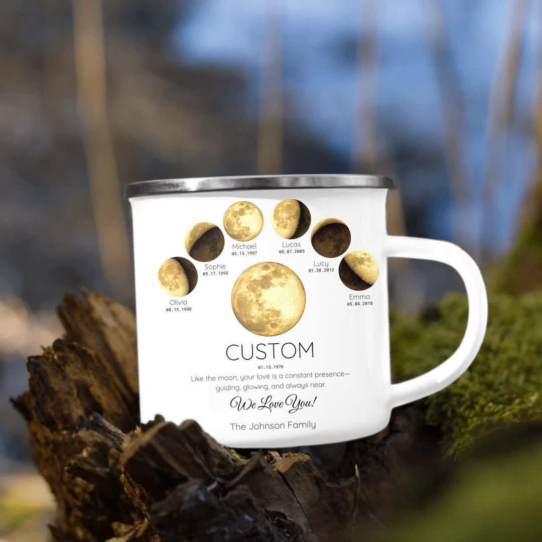 Personalized moon phase mug with 1–6 custom names and dates – sentimental family gift -enamel camping mug outdoors-ARTFULANE