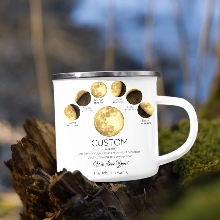 Personalized moon phase mug with 1–6 custom names and dates – sentimental family gift -enamel camping mug outdoors-ARTFULANE
