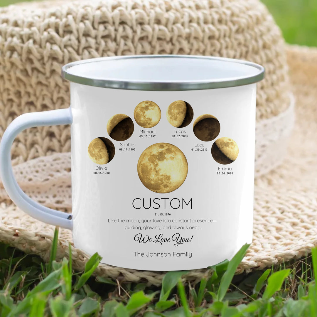 Personalized moon phase mug with 1–6 custom names and dates – sentimental family gift -enamel camping mug lifestyle-ARTFULANE