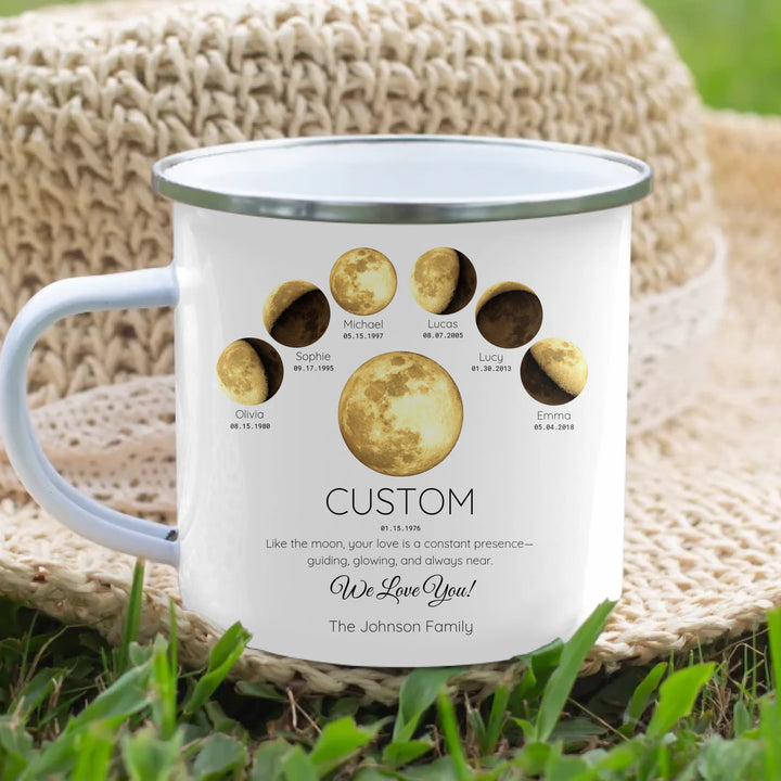 Personalized moon phase mug with 1–6 custom names and dates – sentimental family gift -enamel camping mug lifestyle-ARTFULANE