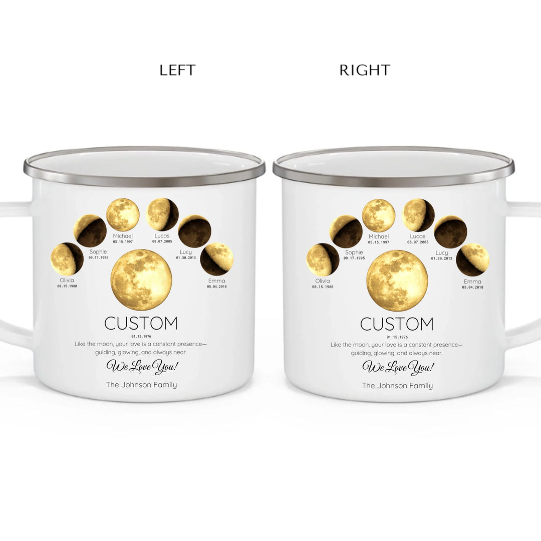 Personalized moon phase mug with 1–6 custom names and dates – sentimental family gift -enamel camping mug 2 views-ARTFULANE