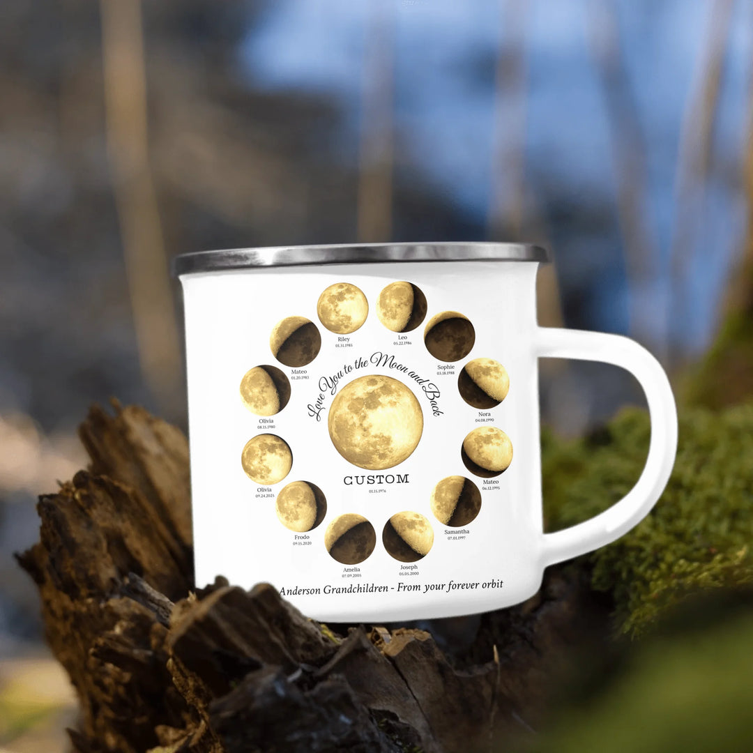 Custom moon phase mug with 1–12 names and dates in a circle design, personalized gift with central moon and message -enamel camping mug outdoors-ARTFULANE